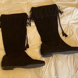 Fringe Brown Faux Suede Knee-High Boots 8.5